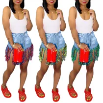 Sexy Wrapped Hip Fringe Tie-Dye Denim Straight Shorts