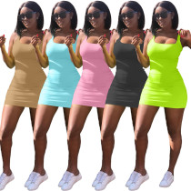 Solid Color Big U-Neck Pit Strip Strap Slim Dress