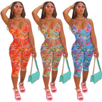 Sexy Style Suspender V-Neck Print Holiday Style Jumpsuit