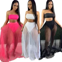 Three-Piece Solid Color Sexy Wrapped Breast Mesh Skirt