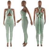 Pure Color Halter Umbilical Cord Pleated Casual Jumpsuit