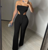 Pure Color Open Back Tube Top Casual Suit