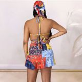 Two-Piece Print Sexy Bellyband Strappy Skirt