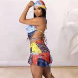 Two-Piece Print Sexy Bellyband Strappy Skirt