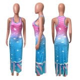 Fish Scale Two-Color Positioning Print Sleeveless Dress