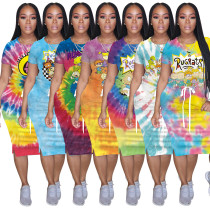 Cartoon Positioning Home Clothes Printed Tie-Dye Dress