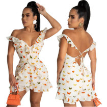 Deep V-Shaped Open Back Butterfly Print Short Fungus Jumpsuit