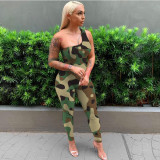 One-Shoulder Sleeveless Camouflage Leopard Snake Print Jumpsuit