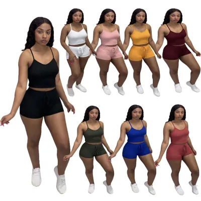 Two-Piece Set Of Solid Color Sling Camisole Top And Shorts