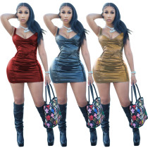 Sexy Fashion Suspender Wrap Chest Zipper PU Leather Dress