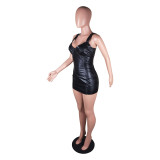 Sexy Fashion Suspender Wrap Chest Zipper PU Leather Dress