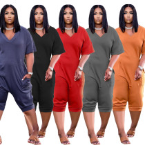 Loose Solid Color V-Neck Casual Cropped Jumpsuit
