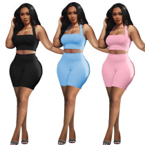 Two-Piece Set Of New Hollow Solid Color Halter Vest Shorts