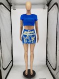 Summer Drawstring Print Waistless Short-Sleeved Short Skirt Suit