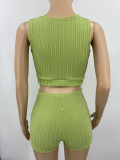 Two-Piece Suit Of Solid Color Threaded Bubble Jacquard Tank Top And Shorts