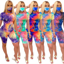 Tie-Dyed Round Neck Casual Fashion Home Sports Suit (Including Mask)