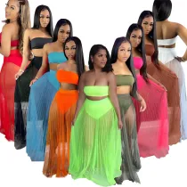 New Pleated Mesh See-Through Sexy Breast Wrap Two-Piece Suit