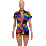 Summer Colorful Slim Short-Sleeved Bag Hip Jumpsuit