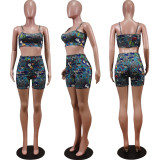 Fashion Cartoon Print Camisole Top Shorts Two-Piece Suit