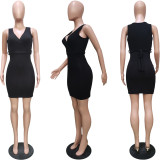 Solid Color Sleeveless V-Neck Pit Strip Dress (Including Belt)
