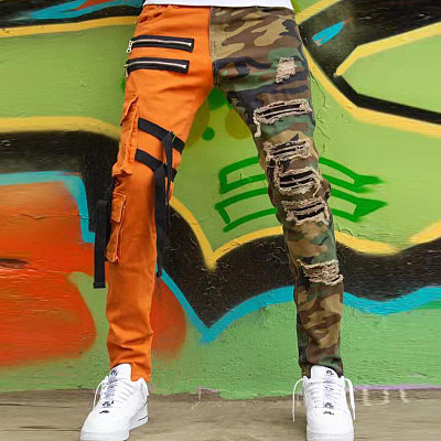 Camouflage Hole Webbing Tooling Colorblock Jeans