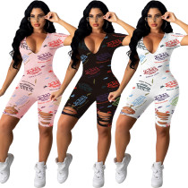 Printed Holes Sexy Short-Sleeved V-Neck Jumpsuit