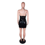 Wrapped Chest Open Back Tether Elastic PU Leather Dress