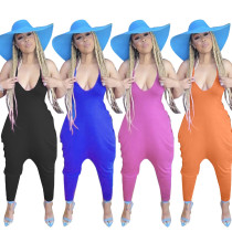 Loose Solid Color Suspenders Casual Baggy Pants Jumpsuit