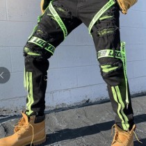 Slim Trousers With Webbing Ripped Jeans And Zipper Decoration