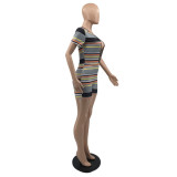 New Color Striped Thread Short-Sleeved Deep V-Neck Jumpsuit