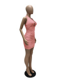Halter Backless Pure Color Pleated Simple Bandage Dress