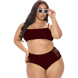 Large Size Solid Color Burnt-Out Sling Hollow Two-Piece Swimsuit