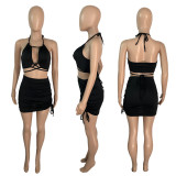 Halter Strap Sexy Drawstring Short Skirt Two-Piece Suit