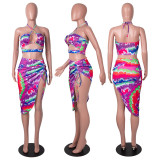 Sexy Two-Piece Printed Halter Neck Wrap Chest Drawstring