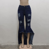Fashion Stitching Ripped Denim Stretch Slim Flared Pants