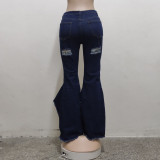 Fashion Stitching Ripped Denim Stretch Slim Flared Pants