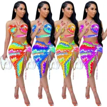 Sexy Two-Piece Printed Halter Neck Wrap Chest Drawstring