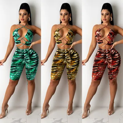 Sexy Two-Piece Suit with Tiger Wrapped Chest and Drawstring