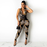 Leopard Print Wrap Chest Drawstring Fashionable Sexy Jumpsuit