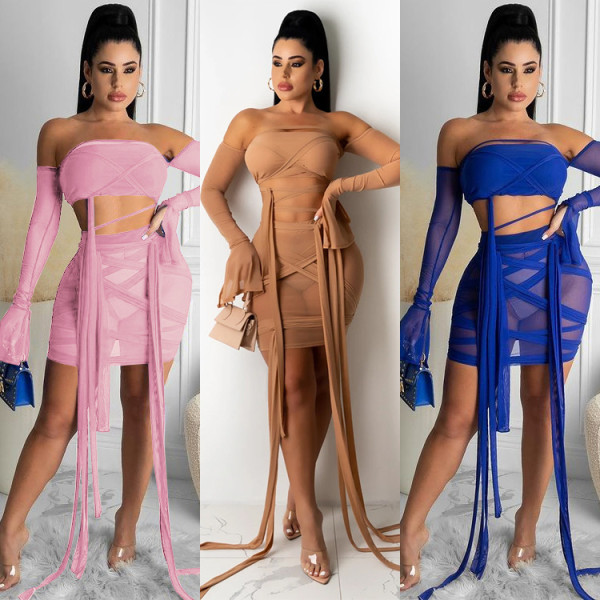 Wrapped Chest Strap Trumpet Sleeve Mesh Two-Piece Suit