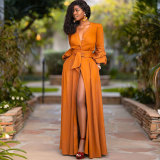 Sexy Solid Color Deep V Long-Sleeved Waist Cardigan Dress