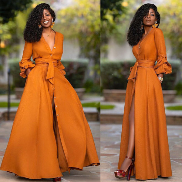 Sexy Solid Color Deep V Long-Sleeved Waist Cardigan Dress