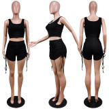 Pure Color Pit Strip Halter Wrinkle With Tie Rope Two-Piece Set