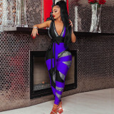 Sleeveless Sexy Jumpsuit With Printed V-Neck Bow