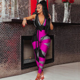 Sleeveless Sexy Jumpsuit With Printed V-Neck Bow