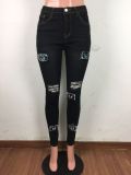 Butterfly Embroidered Ripped Push Up Denim Pencil Pants