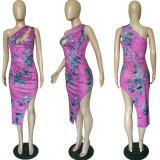 Fashion Printed Slanted Shoulder Strapless Irregular Dress