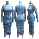 Round Neck Long Sleeve Pleated Large Size Printed Dress