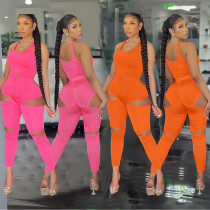 Solid Color Vest Trousers With Holes, Zipper Design, Two-Piece Suit