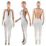 Pure Color Sexy Halter Halterneck Strappy Pleated Jumpsuit